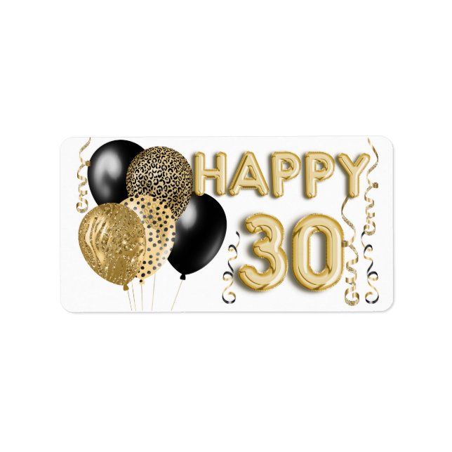 Etiqueta Leopard Black Gold Balloons 30 cumpleaños (Frente)