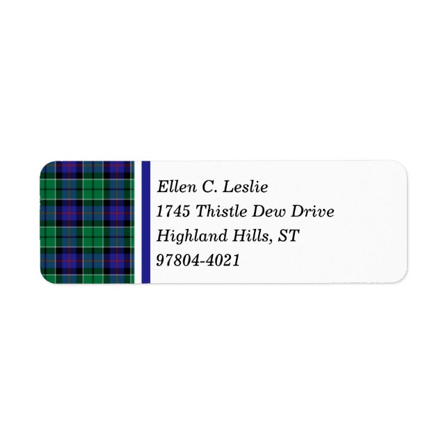 Etiqueta Leslie Clan Royal Blue y Green Scottish Tartán (Frente)