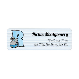 Etiqueta Letra monograma R del mapache azul del niño