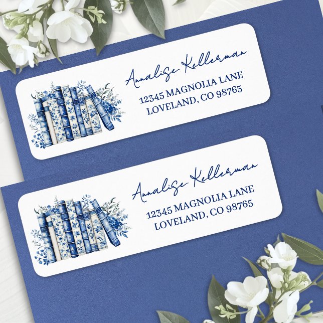 Etiqueta Libreta Floral Azul Dirección de Devolución (Blue Floral Book Return Address Label)
