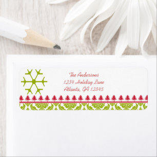Etiqueta Lime Damask Red Pines Snowflake Dirección de devol
