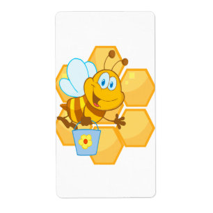 Etiqueta linda y feliz abeja y honeycomb