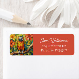 Etiqueta Lindo loro con impasto de colores y flor tropical