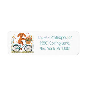 Etiqueta Lindo perro Dachshund en bicicleta con flores de p