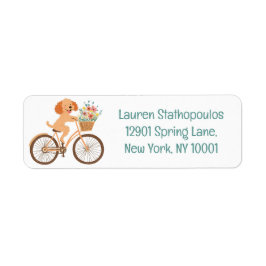 Etiqueta Lindo perro Goldendoodle en bicicleta con flores d