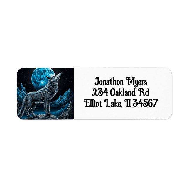 Etiqueta Lobo solitario y luna llena negro y azul (Frente)