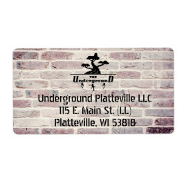 Etiqueta Logotipo y dirección de negocio de fondo de ladril