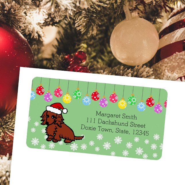 Etiqueta Los Navidades Red Long Haired Dachshund (Red Long Haired Dachshund Cute Christmas Return Address Labels for Dachshund Owners.  Cute Cartoon.)
