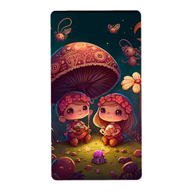 Etiqueta Lovely cute elves play under mushrooms    (Frente)