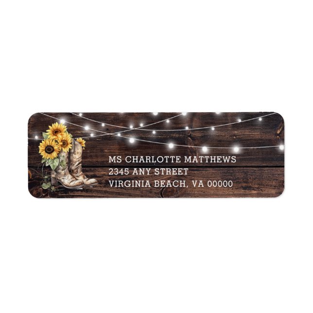Etiqueta Luces de Madera de Girasol Rústico Dirección de Re (Frente)
