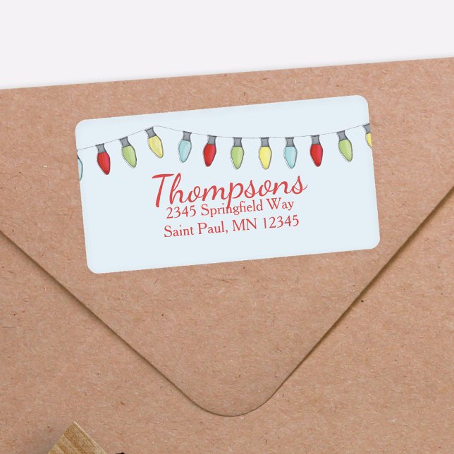 Etiqueta Luces de Navidad Simples Personalizadas (Festive holiday lights whimsical return address label,)