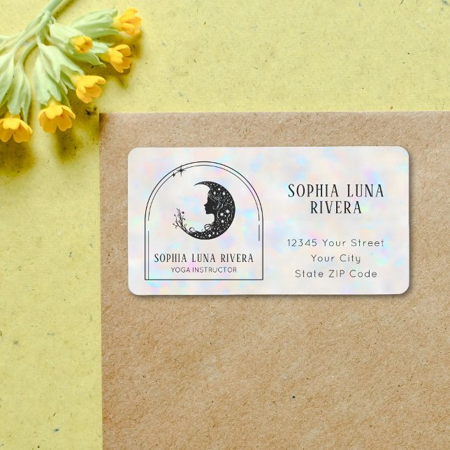 Etiqueta Luna Crescent Celestial Holográfica del Arco Boho (Holographic Boho Arch Celestial Crescent Moon Label)