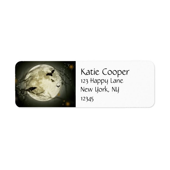 Etiqueta Luna llena con murciélagos y Raven. (Frente)