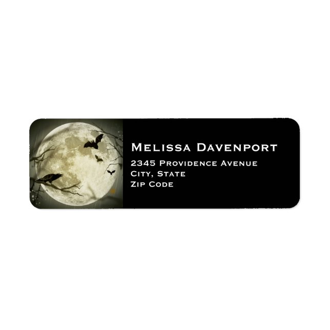 Etiqueta Luna llena con murciélagos y Raven. (Frente)