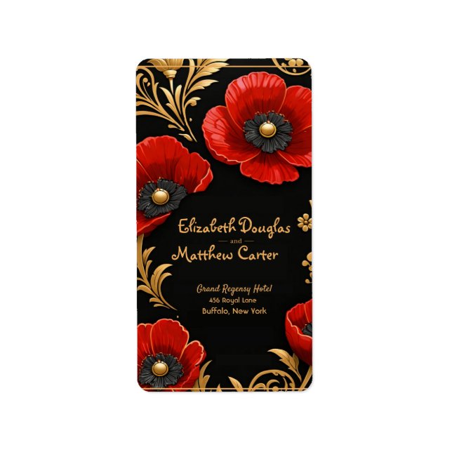 Etiqueta Luxury Black Red and Gold Floral Wedding  (Frente)