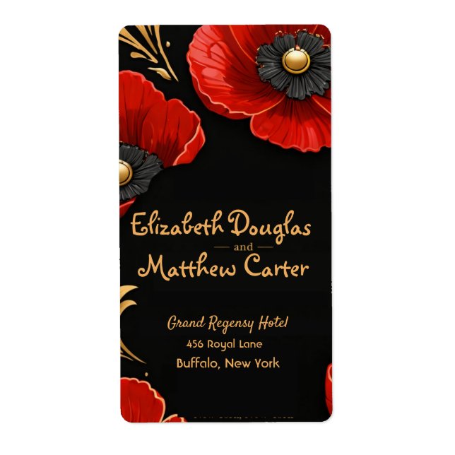 Etiqueta Luxury Black Red and Gold Floral Wedding  (Frente)