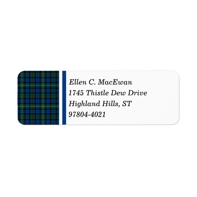 Etiqueta MacEwan Clan Royal Blue y Green Scottish Tartán (Frente)