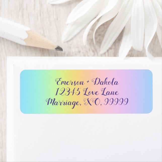 Etiqueta Magnificent Pastel Rainbow Wedding Address Labels (In situ)