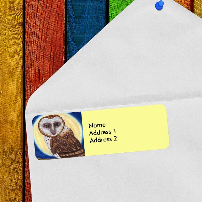 Etiqueta Majestic Brown Spol Owl Moon (Brown and white owl in blue night sky in front of moon on yellow return address labels.)