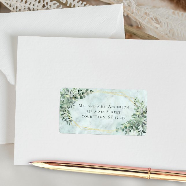 Etiqueta Marble Eucalyptus Greenery Gold Dirección Boda (Subido por el creador)