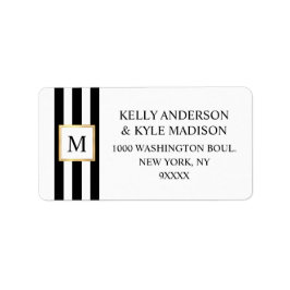 Etiqueta Marco dorado Bandas blancas negras Monograma Boda