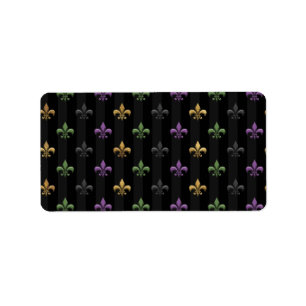 Etiqueta Mardi Gras Colorido Fleur De Lis Oscuro Vertical