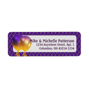 Etiqueta Mardi Gras Fiesta Balones y Purple Argyle