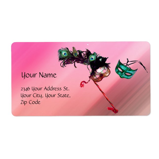 Etiqueta MARDI GRAS MASQUERADE fucsia rosa negro seda azul (Frente)