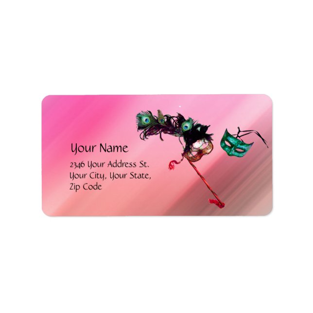 Etiqueta MARDI GRAS MASQUERADE fucsia rosa negro seda azul (Frente)