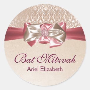 Etiqueta marfileña rosa Damask Bat Mitzvah