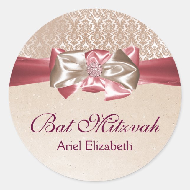 Etiqueta marfileña rosa Damask Bat Mitzvah (Anverso)