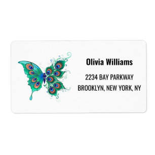 Etiqueta Mariposa con plumas de pavo real verde