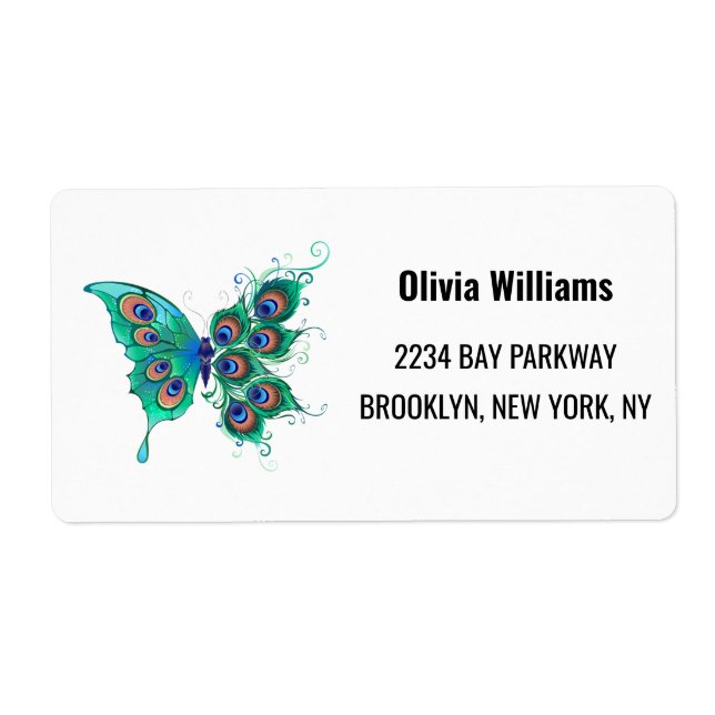 Etiqueta Mariposa con plumas de pavo real verde (Frente)