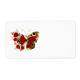 Etiqueta Mariposa de flor roja con rosas rojas