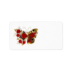 Etiqueta Mariposa de flor roja con rosas rojas