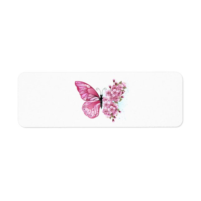 Etiqueta Mariposa de flores con Sakura rosa (Frente)