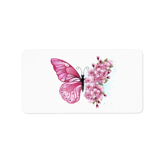 Etiqueta Mariposa de flores con Sakura rosa (Frente)