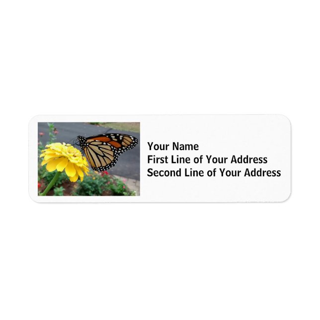 Etiqueta Mariposa monarca en zinnia amarilla (Frente)