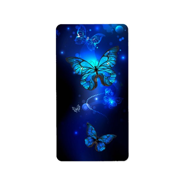 Etiqueta Mariposa morfo en el fondo oscuro (Frente)