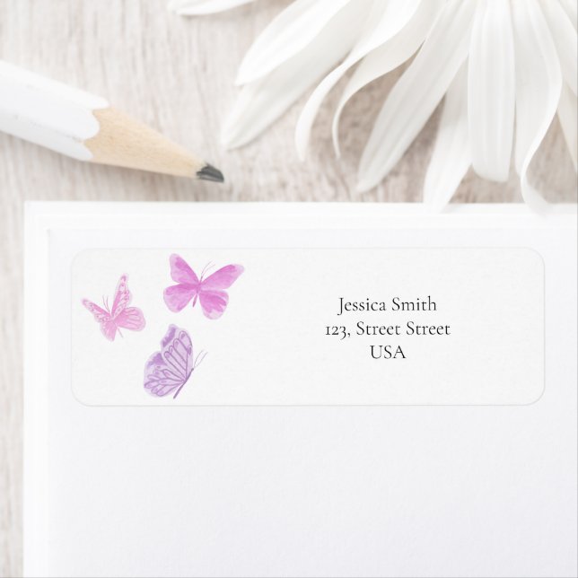 Etiqueta Mariposa rosa acuarela (In situ)
