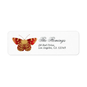 Etiqueta Mariposa vintage roja y dorada