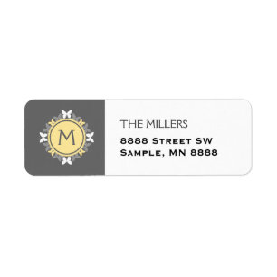 Etiqueta Mariposa Wreath Monograma Gris amarillo blanco