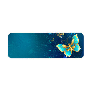 Etiqueta Mariposas doradas sobre fondo azul