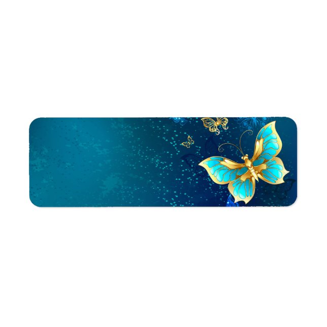 Etiqueta Mariposas doradas sobre fondo azul (Frente)