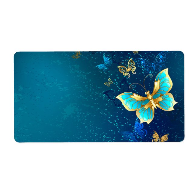 Etiqueta Mariposas doradas sobre fondo azul (Frente)