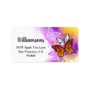 Etiqueta Mariposas monarcas en fondo morado