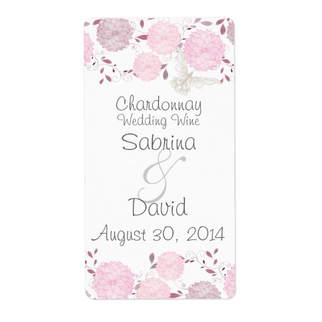 Etiqueta Mariposas y crisantemo rosado Vino Boda (Frente)
