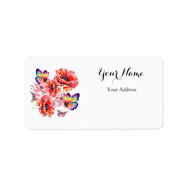 Etiqueta Mariposas y flores de amapola (Frente)