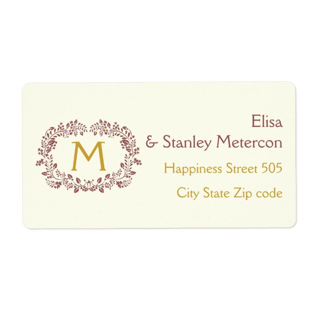 Etiqueta Marsala boda de guirnaldas y monograma (Frente)