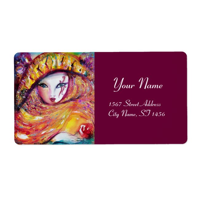 Etiqueta MÁSCARA DE CARNAVAL EN AMARILLO CON ROSA ROJA. Vio (Frente)